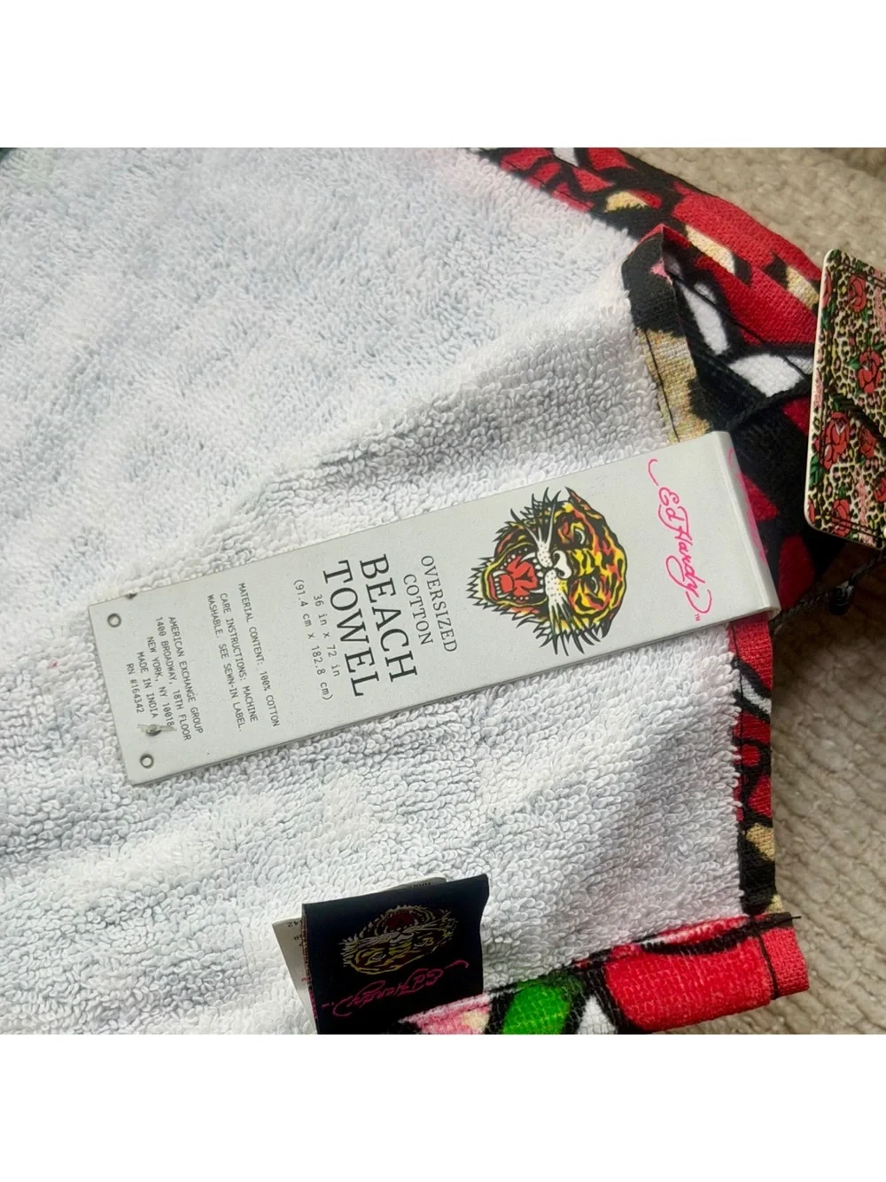 Ed Hardy Cheetah Leopard Print Oversize Beach Towels 2pc Set Red Rose 36x72 NWT